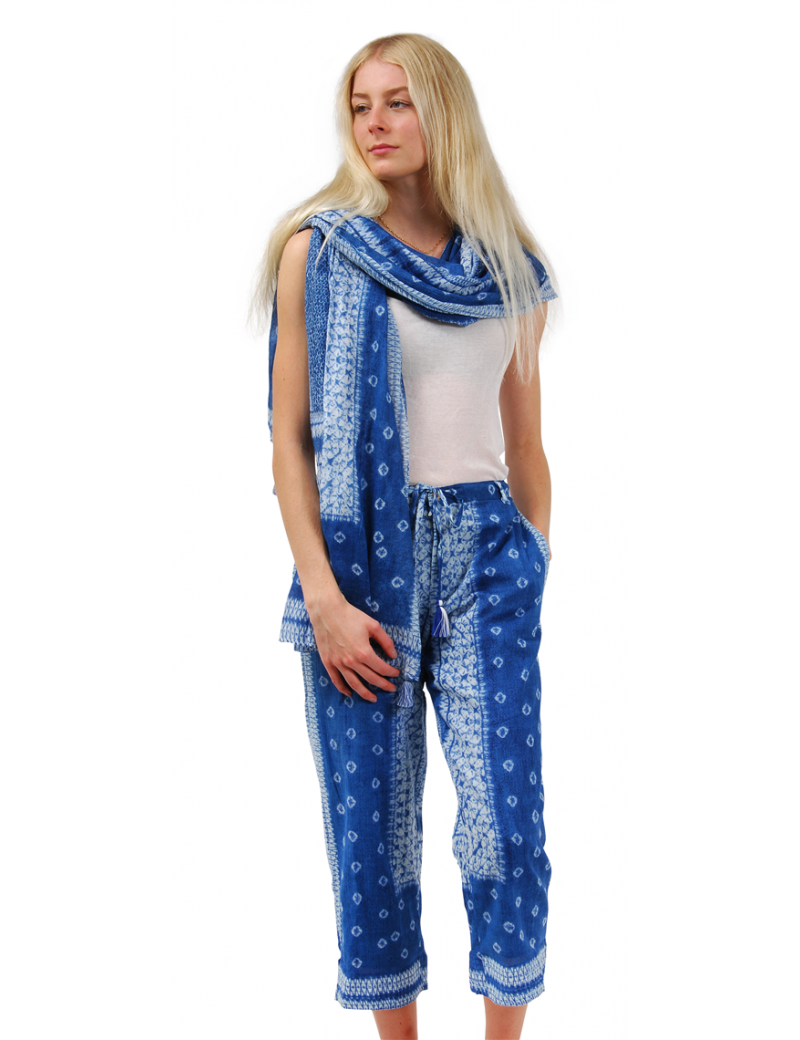 Pantalon large Bleu,lien taille,motifs géométriques blanc,poches surpiquées