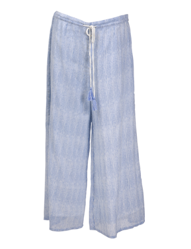 Pantalon large Rayé Bleu/Blanc,taille cordon pompons,doublé et zip coté, coton