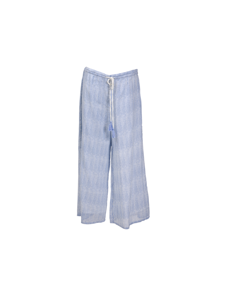 Pantalon large Rayé Bleu/Blanc,taille cordon pompons,doublé et zip coté, coton