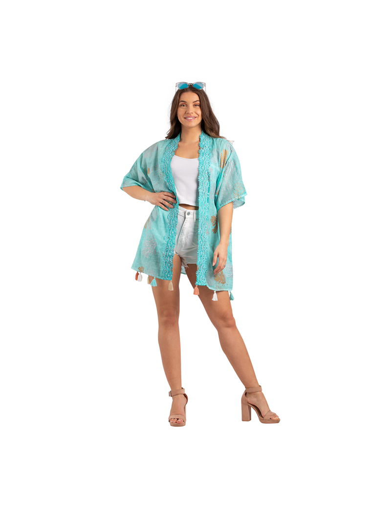 Kimono Corail/Turquoise/Or, bord dentelle, base pompons, coton,TU