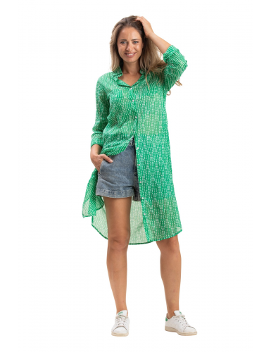 Chemise longue"Esther Vert Guacamole",2 poches,boutonnée,base droite,coton SMLXL