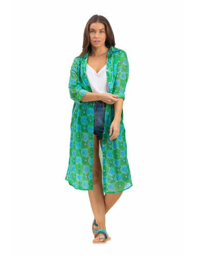 Chemise longue "Fleur Vert Guacamole",2 poches,boutonnée,base droite,coton SMLXL