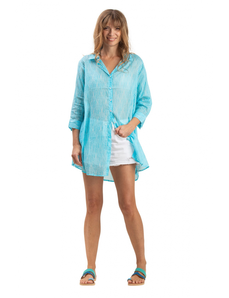 Chemise ample "Esther Bleu Caraibes", poches côté, coton (S,M,L,XL)