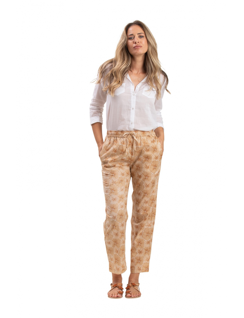 Pantalon "Fleur Beige Dulce" taille élastique, 2 poches, coton, SMLXL
