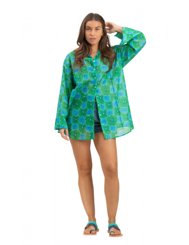 Chemise ample "Fleur vert guacamole"boutonnage av/faux arrière,base droite,cot