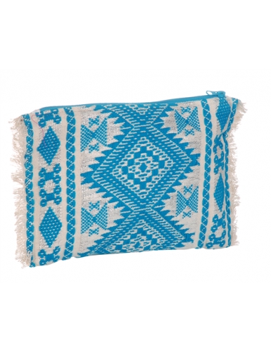 Pochette tissée Ethnic écru/Turquoise, bords frangés, zip, coton (20*30 cm)